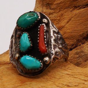 Large Vintage Southwest Native American Style Turquoise Coral Silver Ring 10.25